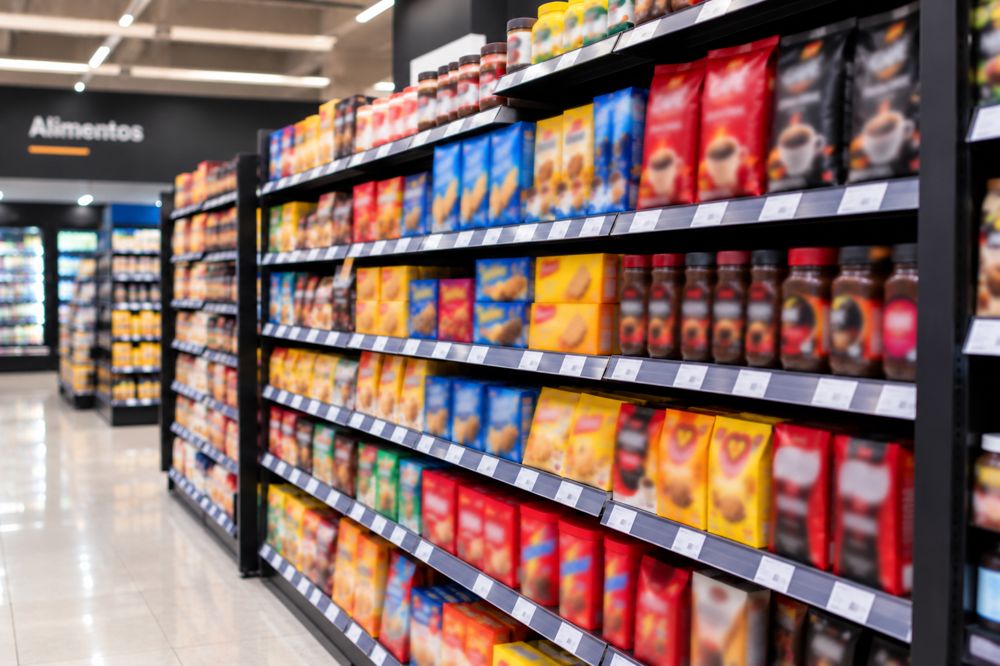 Corredor de supermercado com produtos organizados